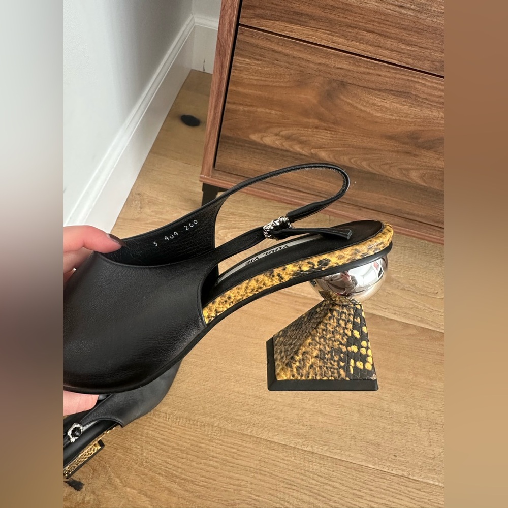Black & Yellow Slingback pumps w sculptural block heel & mirror ball accent.US9 - Picture 10 of 16